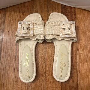Sam Edelman Cream Raffia Buckle Slide Sandals